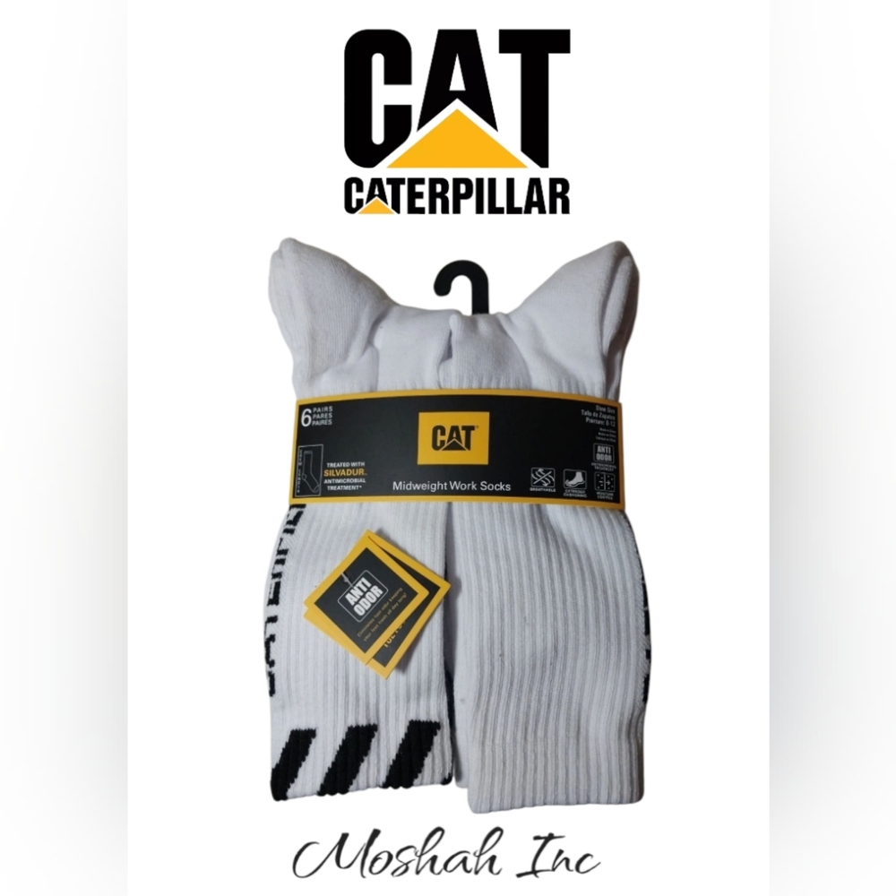 CATERPILLAR Mens Crew Socks Mid-Weight Boot Cushion 6 Pack White Shoe Size 8-12